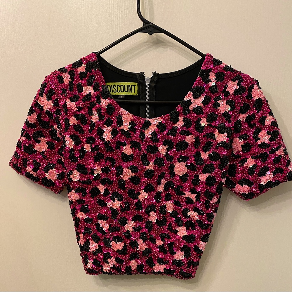 Discount Universe Sequin Pink Leopard Crop Top